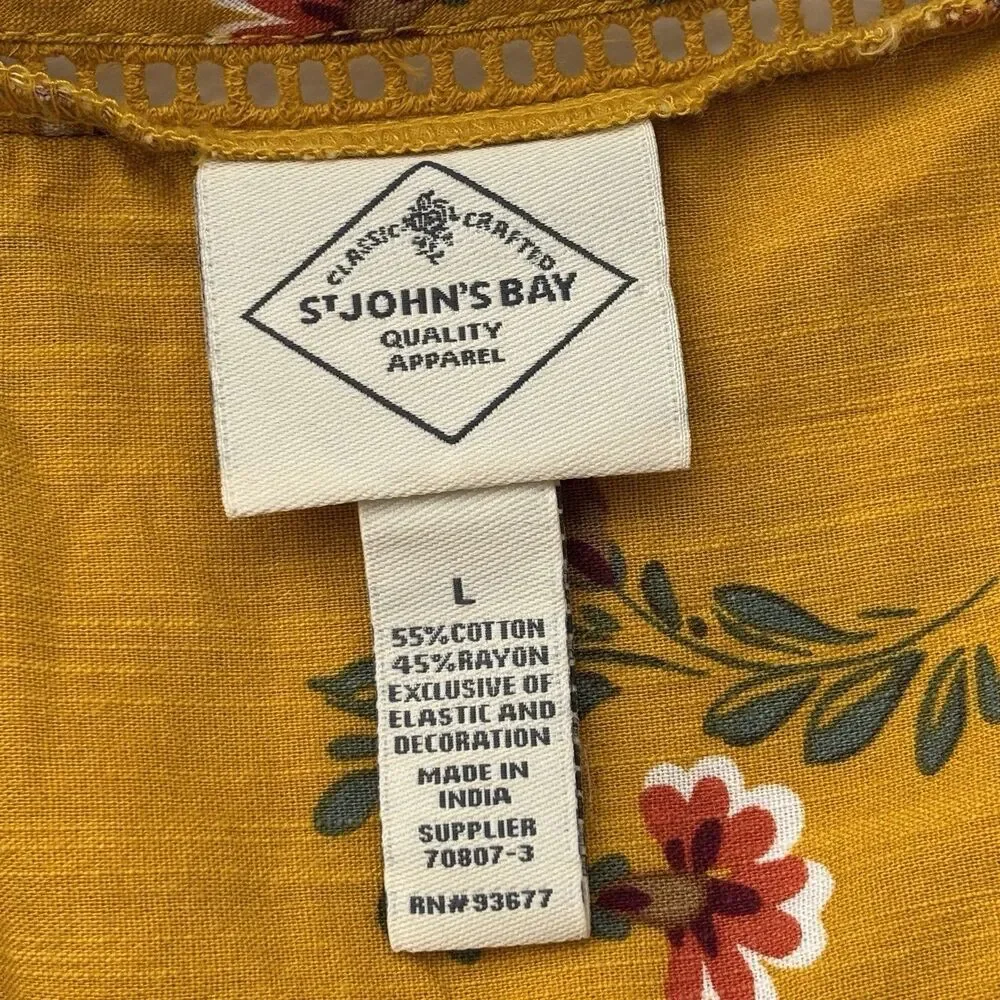 St Johns Bay Womens L Mustard Floral Blouse Surplice Smocked Hem Long Sleeve
